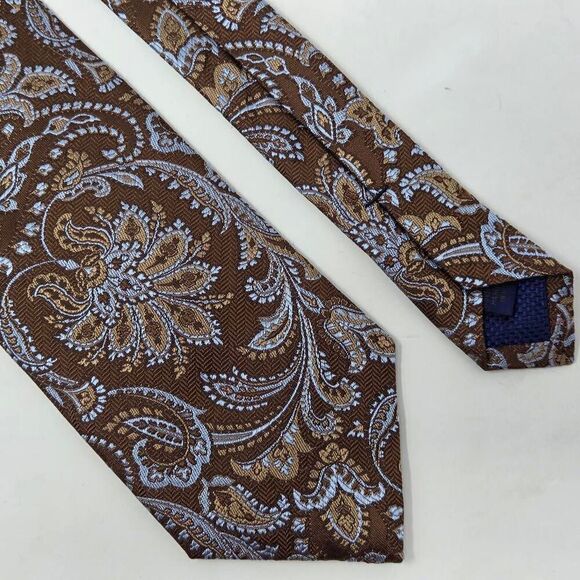 DAVID DONAHUE SILK TIE BROWN BLUE PAISLEY TEXTURED SATIN 3.5" X 59" - Picture 1 of 4